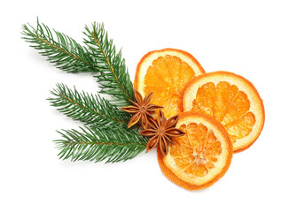 Fototapeta na wymiar Dry orange slices, fir branches and anise stars isolated on white, top view