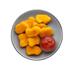 Tasty chicken nuggets with ketchup isolated on white, top view