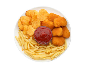 Tasty french fries, chicken nuggets and chips served with ketchup isolated on white, top view