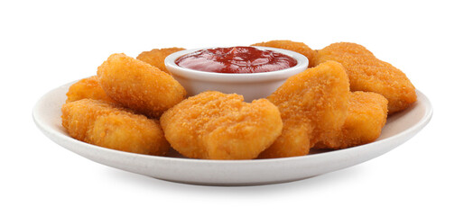 Tasty chicken nuggets with ketchup isolated on white
