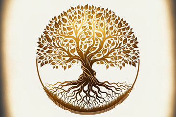 The circle shaped tree of life illustration represents the root or tree. gorgeous gold colored image of a solitary root. Generative AI