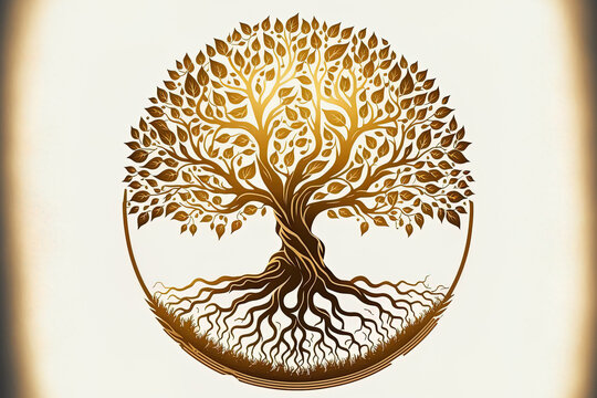 The circle shaped tree of life illustration represents the root or tree. gorgeous gold colored image of a solitary root. Generative AI