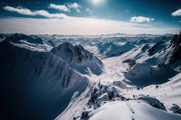 aerial picture of Austria's snowy Alps seen from a mountain's summit. Generative AI