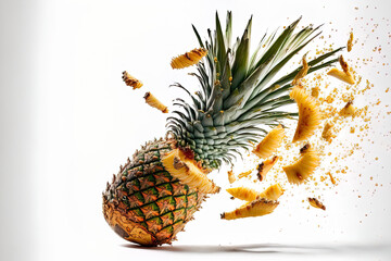 Flying pineapple, a delicious tropical fruit, isolated on a white backdrop. One whole pineapple tumbling. Generative AI