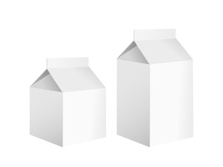 Karton na mleko, sok, napój roślinny lub inny. Białe kartonowe opakowanie w dwóch rozmiarach. Wzór pudełka do wykorzystania w wizualizacji projektu.