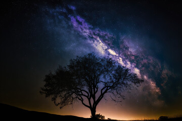 shot with a long exposure of a tree silhouette and the milky way. Generative AI