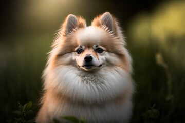 A portrait of a furry German Spitz outdoors in the golden hour. Focused look, posing for the camera.