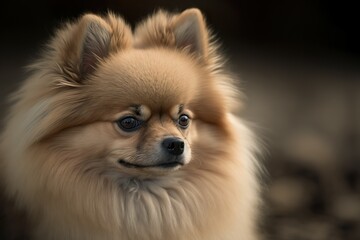 A portrait of a furry German Spitz outdoors in the afternoon. Focused and curious look.