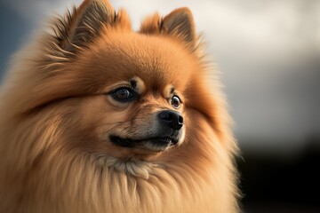 A portrait of a furry German Spitz outdoors. Focused and enigmatic pose.