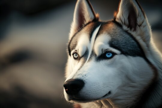 Siberian Husky portrait in the afternoon at the park. Focused and alert look. Beautiful blue eyes.