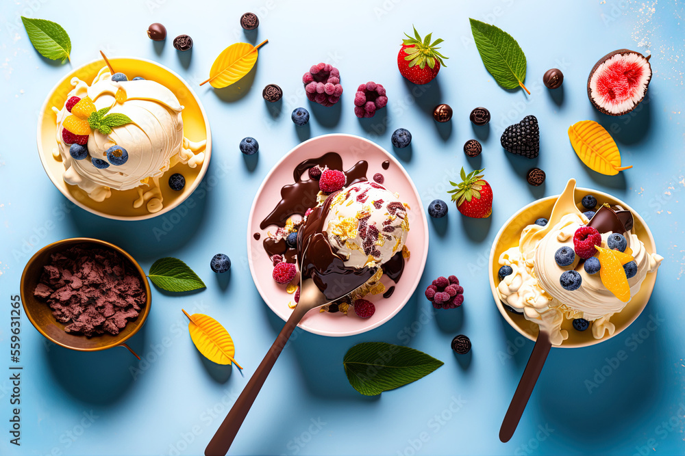 Poster ice cream sundae with chocolate, vanilla, and berries. flat lay top view with copy space. generative