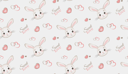 Seamless pattern with rabbit cartoons and hearts on pastel background with text sweet love. Cute bunny head vector illustration. Print design textile for kids fashion. Package, wrapping paper, decor.
