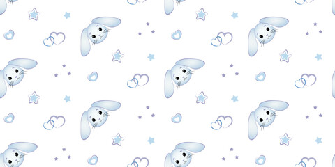 Seamless pattern with rabbit cartoons, blue stars and hearts on white background. Cute bunny head, vector illustration for boys. Print design textile for kids fashion. 