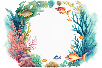 Corner frame with watercolor image of tropical fish, coral, sponges, and algae for use in designing and embellishing banners, informational postcards, posters, and beach accessories souvenirs