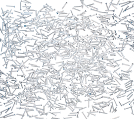 Screwdriver Nail fly floating in mid air. Many group screw nails short long metal fall as construction tools. Black background isolated. New Screwdriver Nail fall down unbox steel hardware work