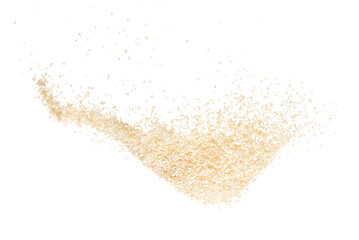 Fototapeta na wymiar White Sesame seeds flying explosion, White grain wave floating. Abstract cloud fly splash in air. Sesame seed is material food. White background Isolated high speed shutter, freeze stop motion
