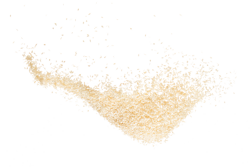 White Sesame seeds flying explosion, White grain wave floating. Abstract cloud fly splash in air. Sesame seed is material food. White background Isolated high speed shutter, freeze stop motion