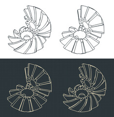 Two types of bevel gears isometric blueprints