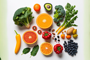 Fruit, vegetable, papaya, superfood, and leafy vegetable on a white backdrop represent a range of clean, healthy foods. Generative AI