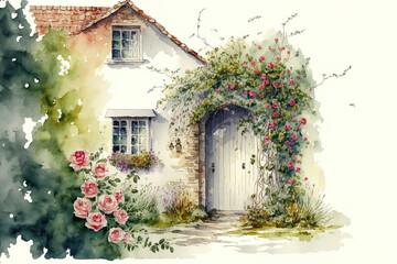 Fototapeta na wymiar a home in the country with climbing roses. watercolor drawing by hand, isolated on a white backdrop. Generative AI