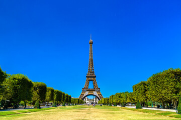 Eiffel Tower on the Champ de Mars in Paris. Major tourist attraction in France