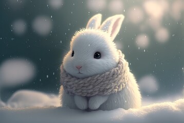cute white rabbit wearing scarf on snowy night with bokeh light of Christmas light as background