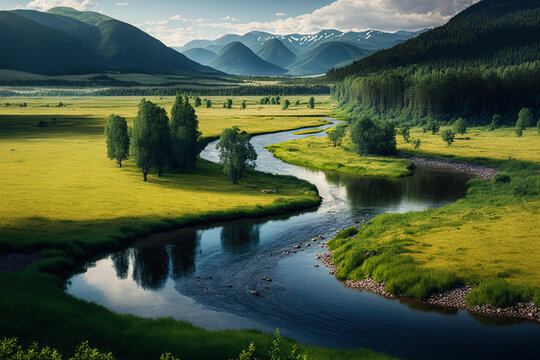Beautiful panoramic image of a river and grassy farmland next to mountains. Generative AI