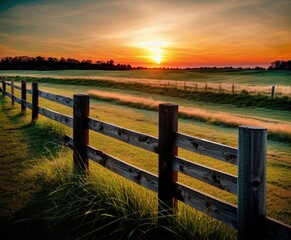 Obraz premium sunset over a field of wheat and trees with fences, agriculture, background, beautiful, blue, cloud, clouds, country