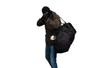 robber with a gun and a bag of money isolated on white background