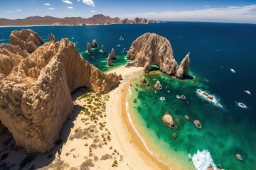 Aerial image of Lands End, the southernmost point of the Baja California peninsula, and El Arco de Cabo San Lucas, Baja California Sur, Mexico. Generative AI - obrazy, fototapety, plakaty