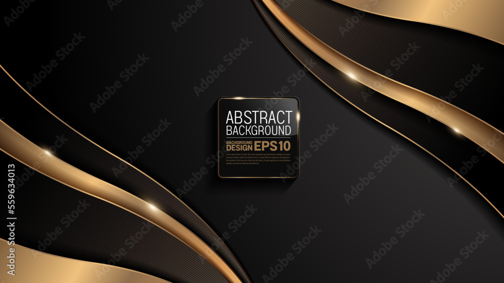 Sticker gold curve line on black luxury background, image abstract, overlap layer shadow gradients space com