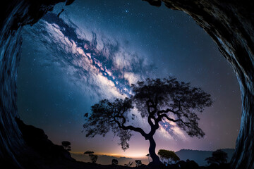 At the phu hin rong kla national park, a shadow of a tree and the Milky Way galaxy may be seen. Generative AI