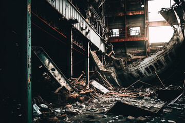 Fototapeta na wymiar inside a wrecked ship, with pieces falling to the ground. Generative AI