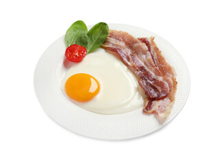 Tasty fried egg with bacon in plate isolated on white