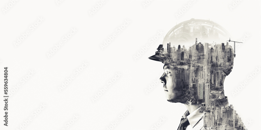 Poster future building construction engineering project devotion with double exposure graphic design. build
