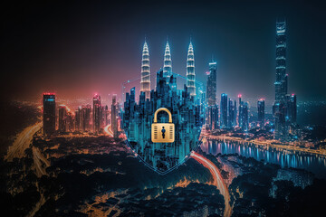 Obraz premium To defend company Malaysia Asia the idea of information security shields, a padlock icon hologram is displayed on a road billboard above a panoramic city view of Kuala Lumpur at night. Generative AI