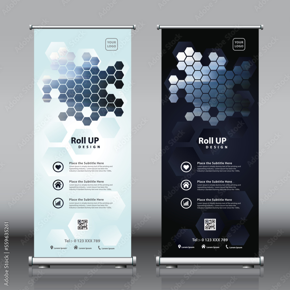 Wall mural roll up banner design with hexagon shapes artwork hexagon patterns and image. editable vertical illu