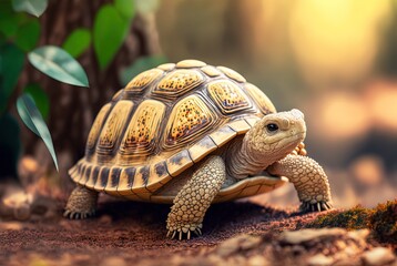 Fototapeta premium illustration of Sulcata Tortoise in nature green background with sunlight