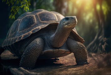 Obraz premium illustration of Aldabra Giant Tortoise in nature green background with sunlight bokeh