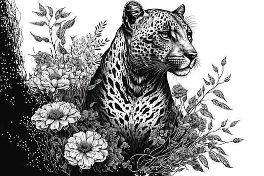 Elegant black and white pencil painting of a panther among exotic flowers. suitable for logos, tattoos, paintings, textile and t shirt printing, and interior decorating. Panther leopard. Generative AI