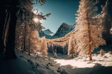 Beautiful wintertime landscape of a woodland in the snowy alps. Generative AI