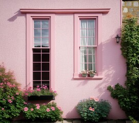 Fototapeta na wymiar pink house with beautiful window in a garden with a white wall