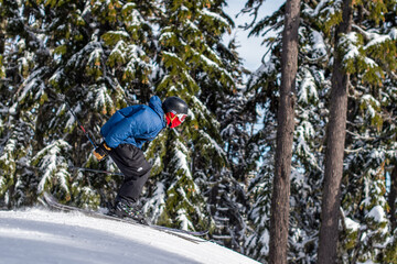 skier or snowboarder jumping in the forest
