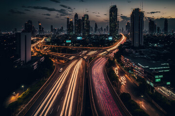 Fototapeta na wymiar Expressway in the heart of Bangkok, Thailand, at dusk. Generative AI