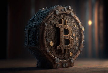 Bitcoin digital currency blockchain concept on a wooden background. Generative AI.