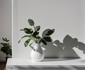 white ceramic vase with a plant on a gray background