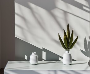 white ceramic vase with a plant on a gray background