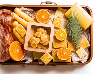 Obraz na płótnie Canvas On a white background, a suitcase filled with holiday ornaments and a wooden board with marmalade. superb photograph. Generative AI