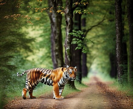 portrait of a tiger walking in the woods on the nature
