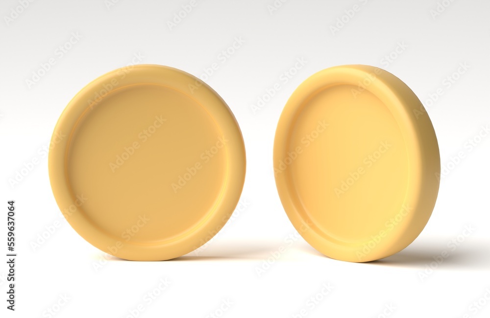 Poster set of golden coin in different angles isolated on white background. 3d rendering, 3d illustration.